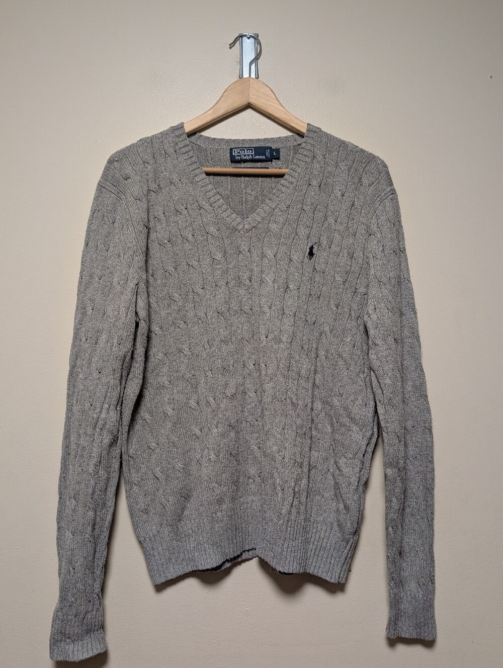 Polo Ralph Lauren Gray Cable Knit 100% Silk V-Neck Sweater Men’s L